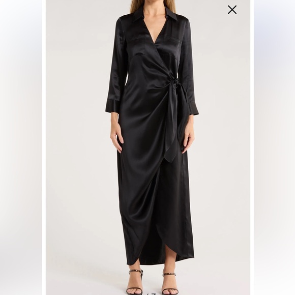 L’AGENCE Kadi Long Silk Wrap Dress in Black - Picture 2 of 12